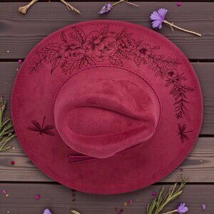 Magenta Vegan Suede Wide-Brim Hat – Laser Engraved Garden Roses, Hibiscus & Drag